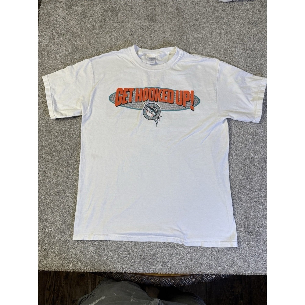 Vintage Florida Marlins Shirt MLB Get Hooked Up Graphic Baseball Heavy Tee Large